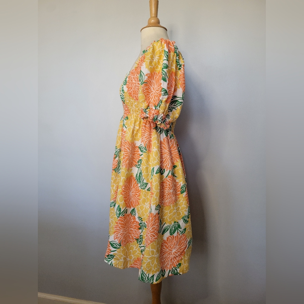 House of Harlow 1960 Linen Babydoll Floral Smocked Puff Sleeve Dress SZ M - Picture 5 of 9